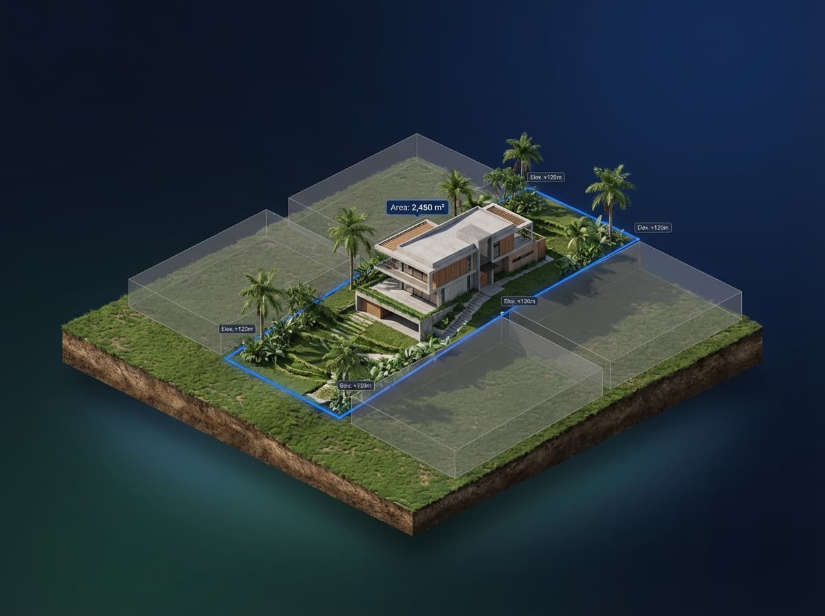 Visualización 3D de propiedad con linderos